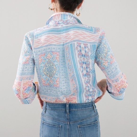 Chico’s Linen Coastal Tile Pastel Paisley Long Sleeve Blouse Chico 2 Women’s 12 - Picture 2 of 15